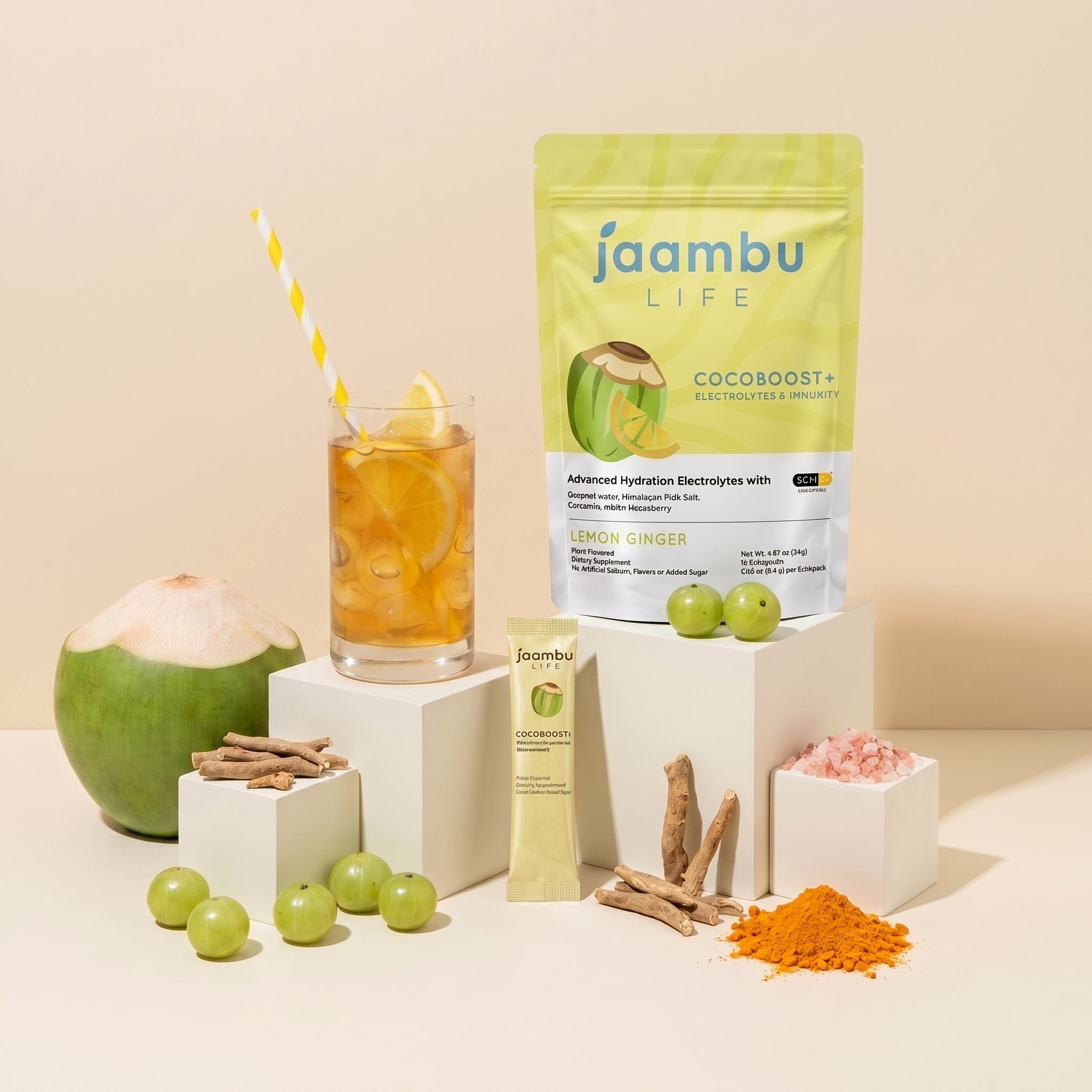 Jaambu Life CocoBoost+ Lemon Ginger with coconut water, amla, turmeric and Himalayan pink salt